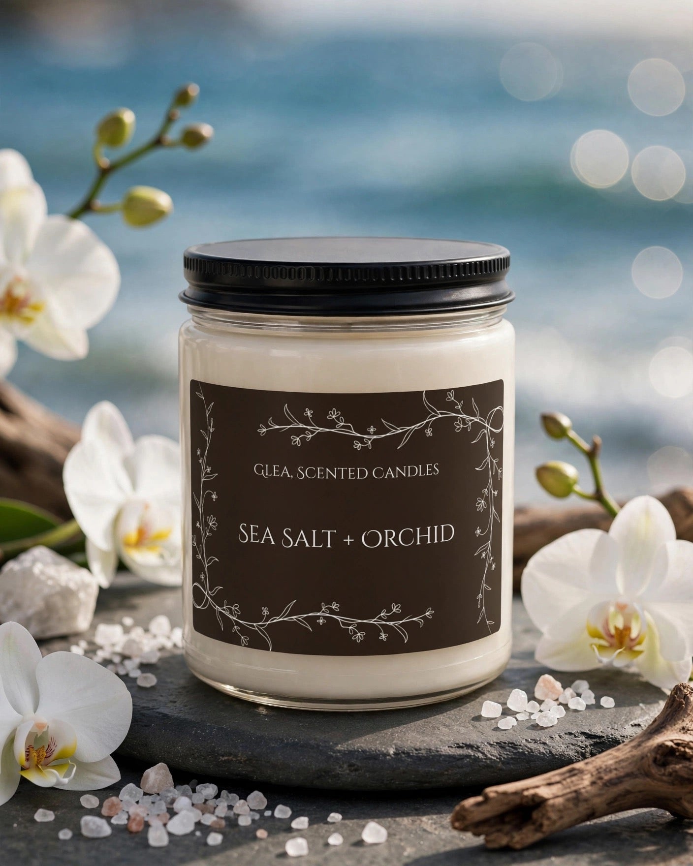 Sea Salt + Orchid Soy Candle — 9oz Scented Jar Candle
